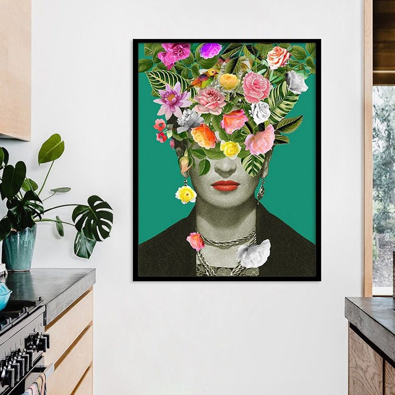 Vivolux | Grüne Bohemian Stil Leinwand Frau mit Blumenkranz Wandkunst für das Wohnzimmer