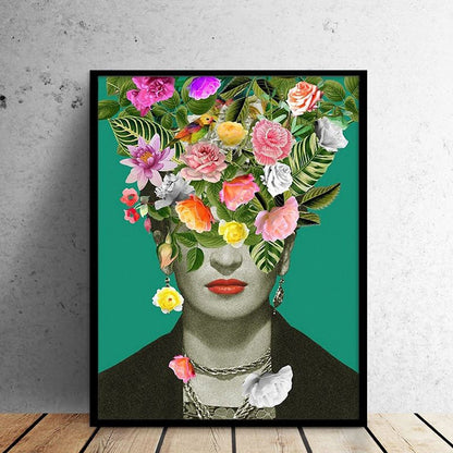 Vivolux | Grüne Bohemian Stil Leinwand Frau mit Blumenkranz Wandkunst für das Wohnzimmer