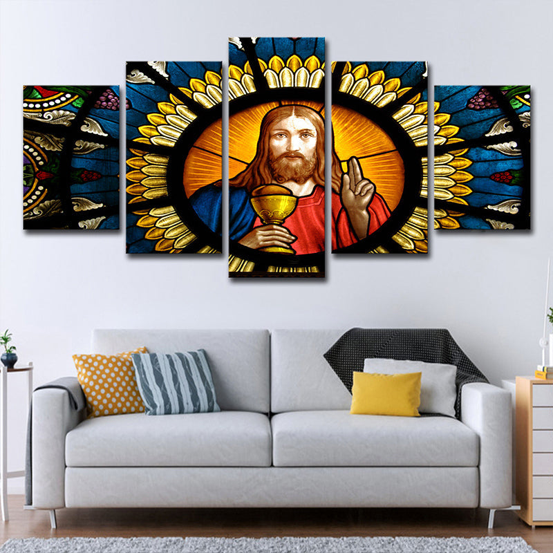 Vivolux | Zeitgenössische Leinwand Wandkunst Orange und Blau Jesus Gemälde Wanddekoration für das Wohnzimmer