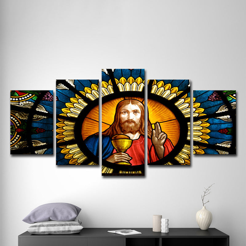 Vivolux | Zeitgenössische Leinwand Wandkunst Orange und Blau Jesus Gemälde Wanddekoration für das Wohnzimmer
