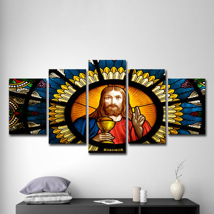 Vivolux | Zeitgenössische Leinwand Wandkunst Orange und Blau Jesus Gemälde Wanddekoration für das Wohnzimmer