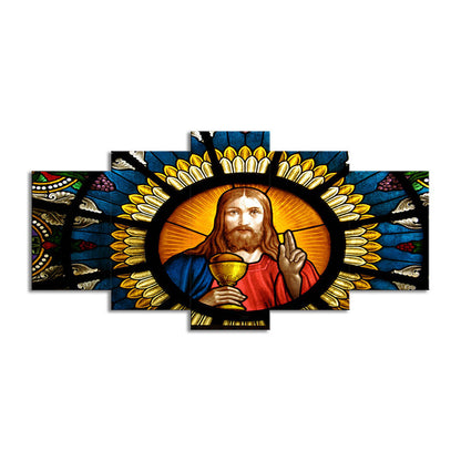 Vivolux | Zeitgenössische Leinwand Wandkunst Orange und Blau Jesus Gemälde Wanddekoration für das Wohnzimmer