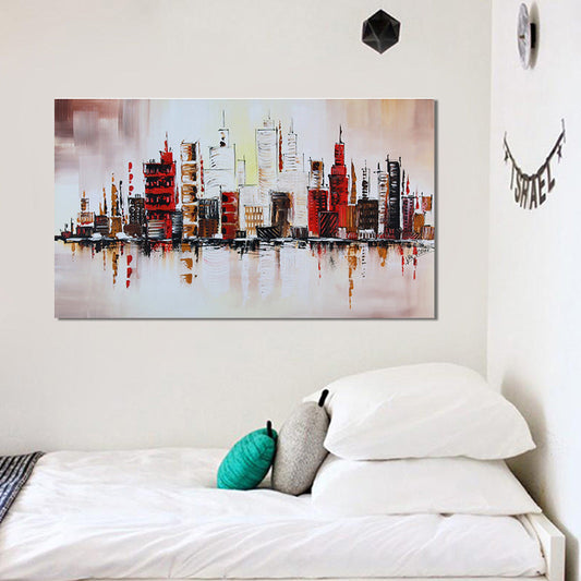 Vivolux | Riverside Metropolis Schilderij Leinwand für Hotel Landschaft Wandkunst in Rot, Strukturiert