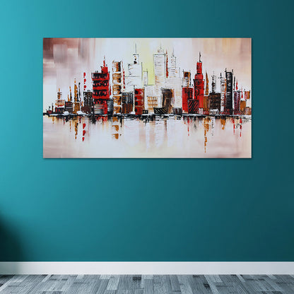 Vivolux | Riverside Metropolis Schilderij Leinwand für Hotel Landschaft Wandkunst in Rot, Strukturiert