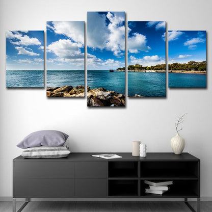 Vivolux | Brook Island Ocean Wandkunst Modernisme Multi-Stuk Canvas Print in Hemelsblauw voor Eetkamer