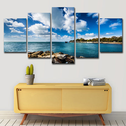 Vivolux | Brook Island Ocean Wandkunst Modernisme Multi-Stuk Canvas Print in Hemelsblauw voor Eetkamer