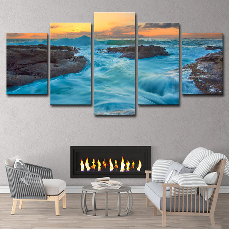 Vivolux | Nachtfall Seascape Strohmendes Wasser Kunstdruck Moderne Leinwand Wanddekoration in Ozeanblau