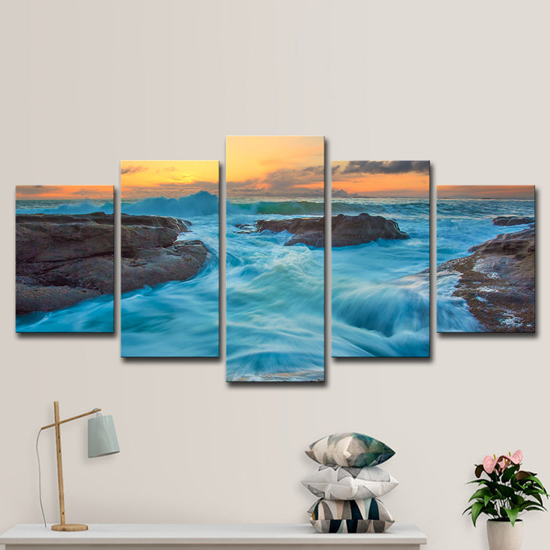 Vivolux | Nachtfall Seascape Strohmendes Wasser Kunstdruck Moderne Leinwand Wanddekoration in Ozeanblau