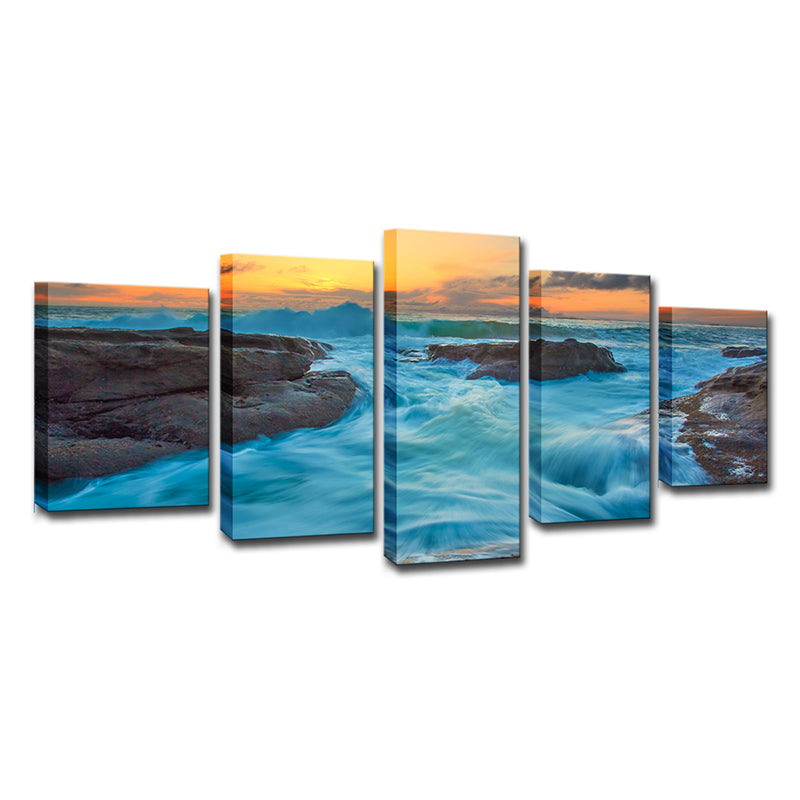 Vivolux | Nachtfall Seascape Strohmendes Wasser Kunstdruck Moderne Leinwand Wanddekoration in Ozeanblau