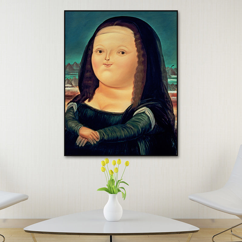 Vivolux | Mona Lisa Smile Canvas Art Cartoon Cute Figure Painting Wall Decor in Schwarz und Blau