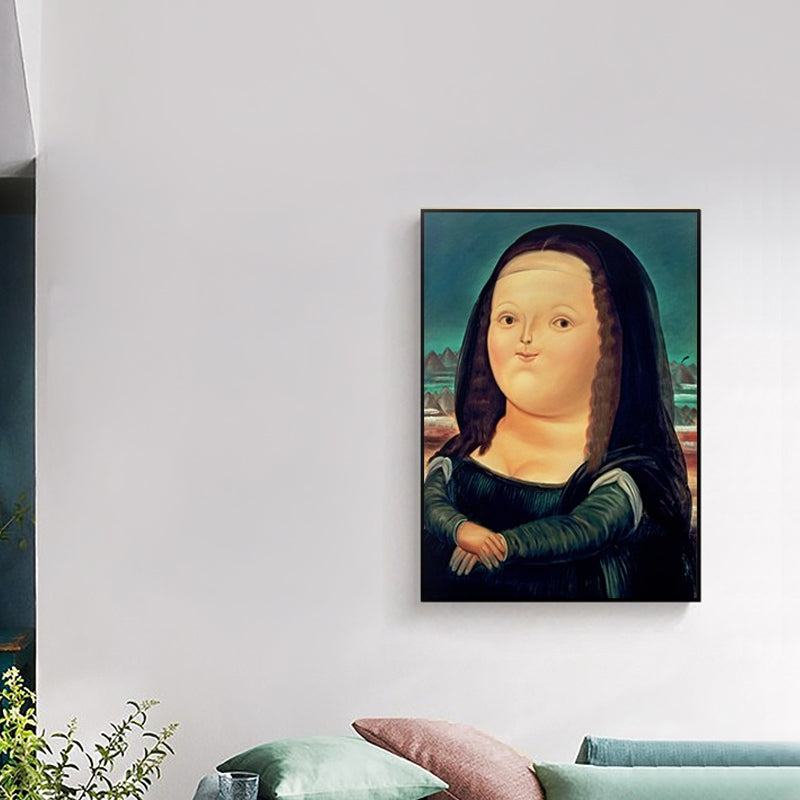 Vivolux | Mona Lisa Smile Canvas Art Cartoon Cute Figure Painting Wall Decor in Schwarz und Blau