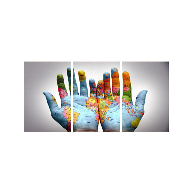 Vivolux | Fotografie Wereldkaart Handen Kunstdruk voor Vergaderkamer, Blauw en Wit, Set van 3
