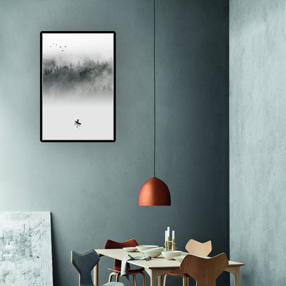 Vivolux | Lichtfarbe Asiatische Wandkunst Boot treibt auf dem See vor dem nebligen Wald Leinwanddruck für das Esszimmer