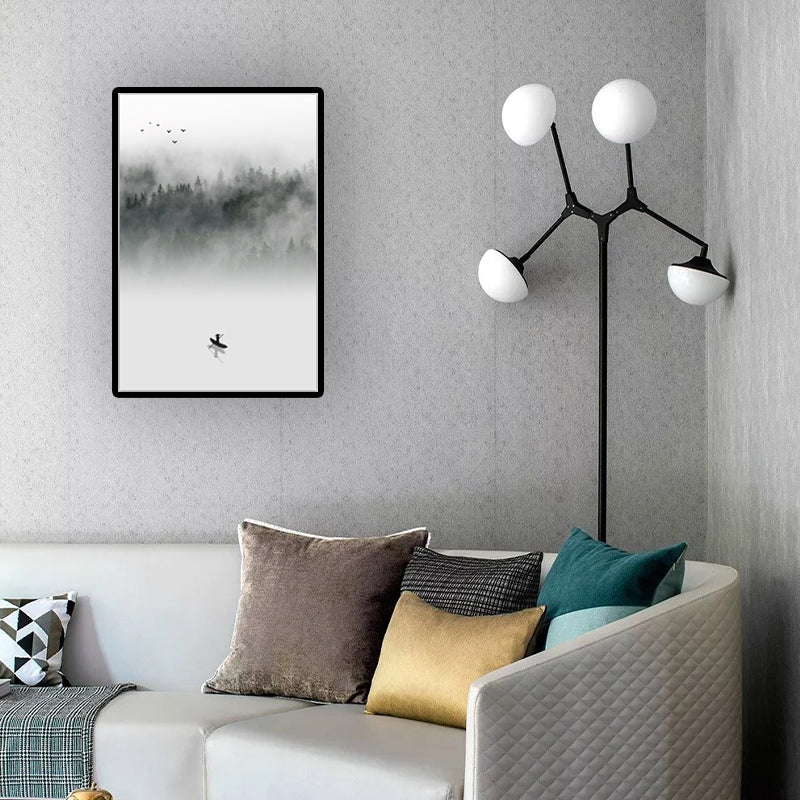 Vivolux | Lichtfarbe Asiatische Wandkunst Boot treibt auf dem See vor dem nebligen Wald Leinwanddruck für das Esszimmer