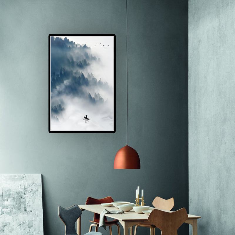 Vivolux | Lichtfarbe Asiatische Wandkunst Boot treibt auf dem See vor dem nebligen Wald Leinwanddruck für das Esszimmer