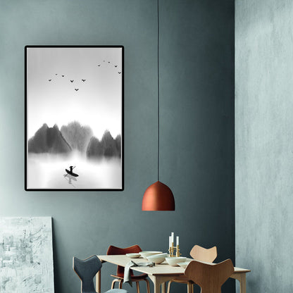 Vivolux | Lichtfarbe Asiatische Wandkunst Boot treibt auf dem See vor dem nebligen Wald Leinwanddruck für das Esszimmer