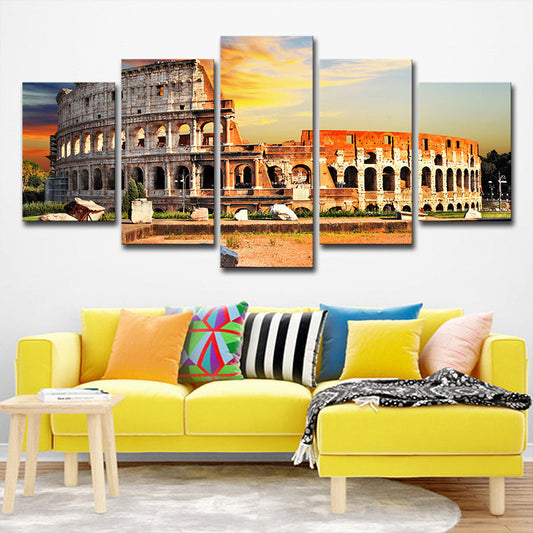 Vivolux | Oranje Colosseum Zonsondergang Landschap Canvas Multi-Stuk Wereldwijs Geïnspireerde Parlor Muurkunst