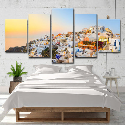 Vivolux | Santorini eiland zonsondergang landschap canvas witte wereld geïnspireerde wandkunst voor slaapkamer