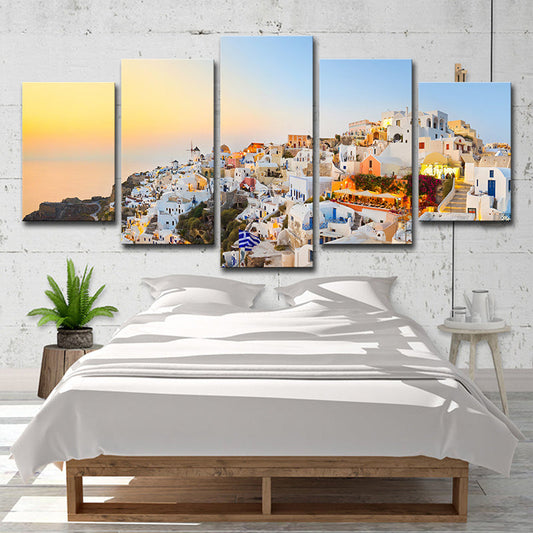 Vivolux | Santorini eiland zonsondergang landschap canvas witte wereld geïnspireerde wandkunst voor slaapkamer