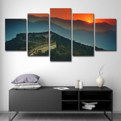 Vivolux | Globaal Geïnspireerde Canvas Print Donkergroen de Grote Muur Zonsondergang Uitzicht Wandkunst
