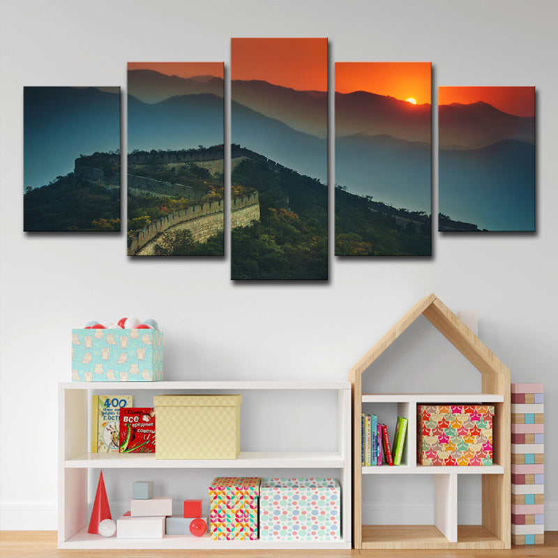 Vivolux | Globaal Geïnspireerde Canvas Print Donkergroen de Grote Muur Zonsondergang Uitzicht Wandkunst