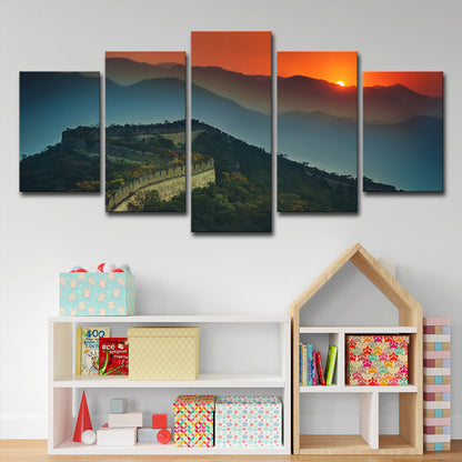 Vivolux | Globaal Geïnspireerde Canvas Print Donkergroen de Grote Muur Zonsondergang Uitzicht Wandkunst
