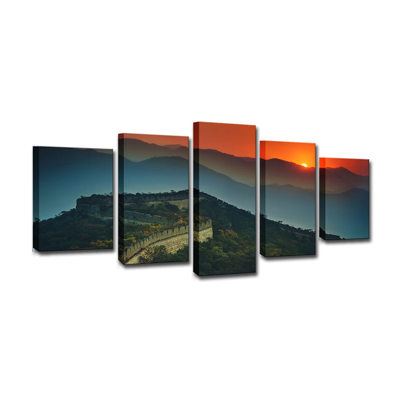 Vivolux | Globaal Geïnspireerde Canvas Print Donkergroen de Grote Muur Zonsondergang Uitzicht Wandkunst