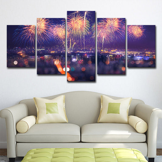 Vivolux | Vuurwerk Canvas Print Modernisme Prachtig Stedelijk Nachtscène Muurdecoratie in Paars