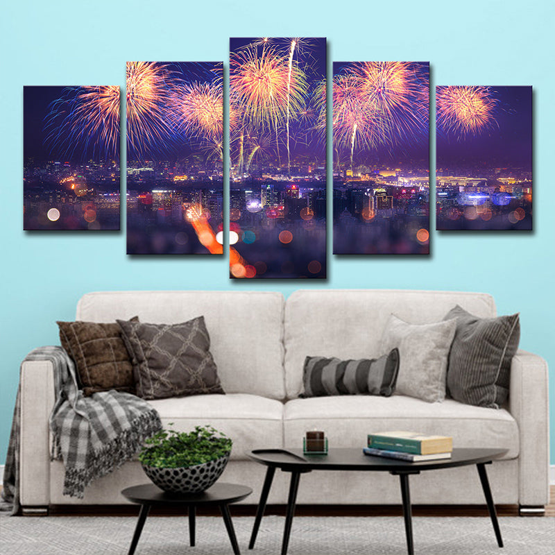 Vivolux | Vuurwerk Canvas Print Modernisme Prachtig Stedelijk Nachtscène Muurdecoratie in Paars