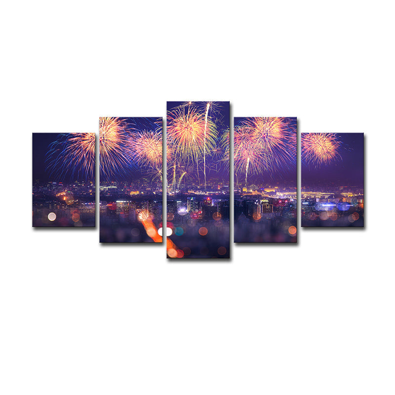 Vivolux | Vuurwerk Canvas Print Modernisme Prachtig Stedelijk Nachtscène Muurdecoratie in Paars