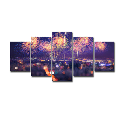 Vivolux | Vuurwerk Canvas Print Modernisme Prachtig Stedelijk Nachtscène Muurdecoratie in Paars