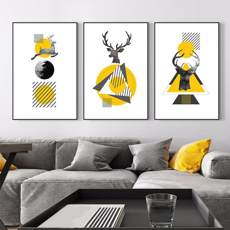 Vivolux | Nordic Wandkunst Gelb-Weiße Hirsch und Geometrische Formen Leinwanddruck für Wohnzimmer