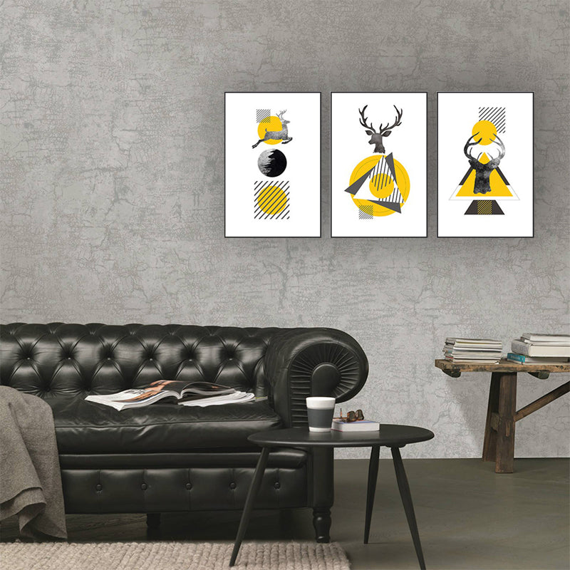 Vivolux | Nordic Wandkunst Gelb-Weiße Hirsch und Geometrische Formen Leinwanddruck für Wohnzimmer