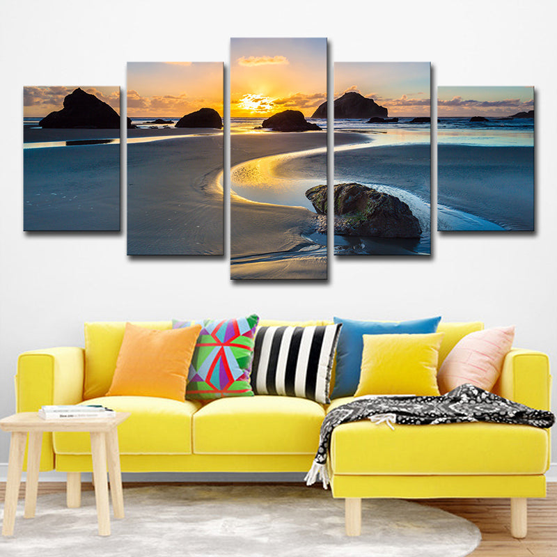 Vivolux | Sundown Rock Seashore Wandkunst Gelbe Tropische Leinwanddruck für Wohnzimmer, Mehrteilig