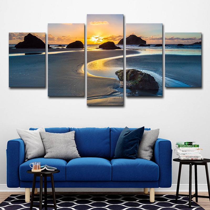 Vivolux | Sundown Rock Seashore Wandkunst Gelbe Tropische Leinwanddruck für Wohnzimmer, Mehrteilig