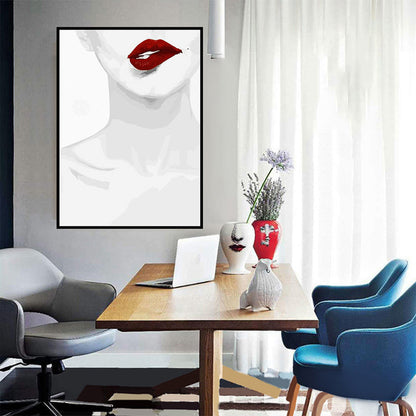 Vivolux | Fashion Canvas Wandkunst Minimalistische Sexy Frau Halsknochen und Rote Lippen Wanddekoration in Weiß