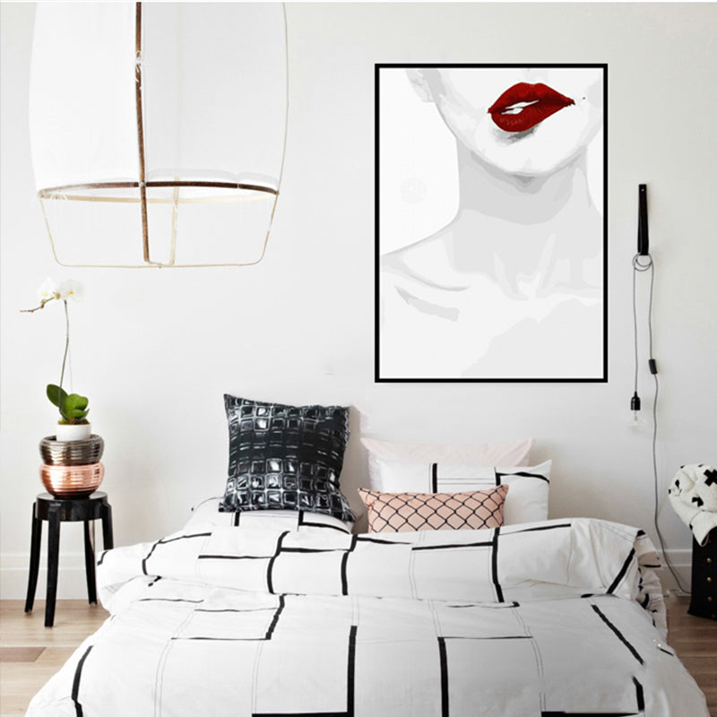 Vivolux | Fashion Canvas Wandkunst Minimalistische Sexy Frau Halsknochen und Rote Lippen Wanddekoration in Weiß