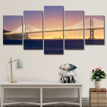 Vivolux | Sea Bridge Nachtsicht Leinwandkunst Orange und Lila Zeitgenössische Wanddekoration für das Zuhause