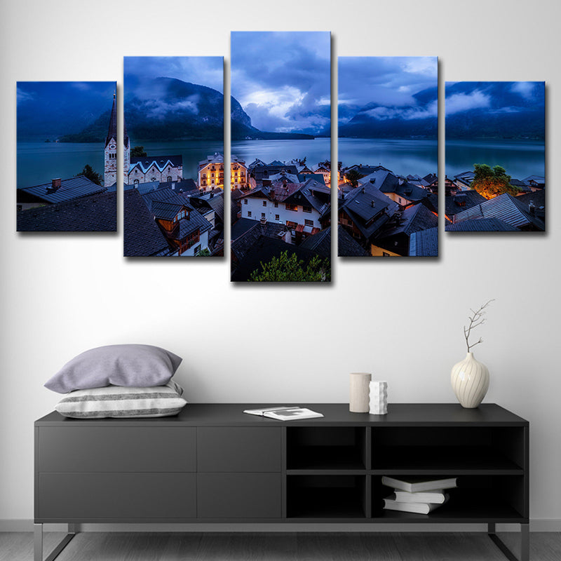 Vivolux | Blauer global inspirierter Leinwanddruck Hallstatt See Stadt Nachtlandschaft Wandkunst Dekor für Zuhause