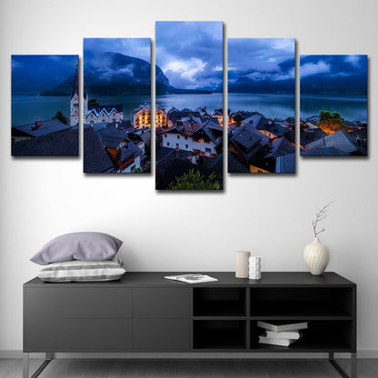 Vivolux | Blauer global inspirierter Leinwanddruck Hallstatt See Stadt Nachtlandschaft Wandkunst Dekor für Zuhause