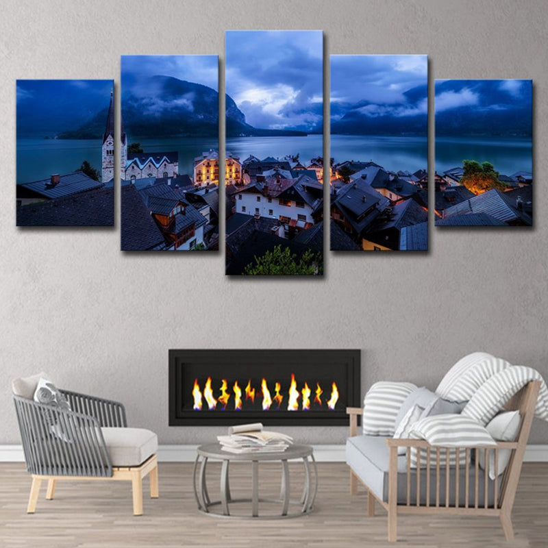 Vivolux | Blauer global inspirierter Leinwanddruck Hallstatt See Stadt Nachtlandschaft Wandkunst Dekor für Zuhause