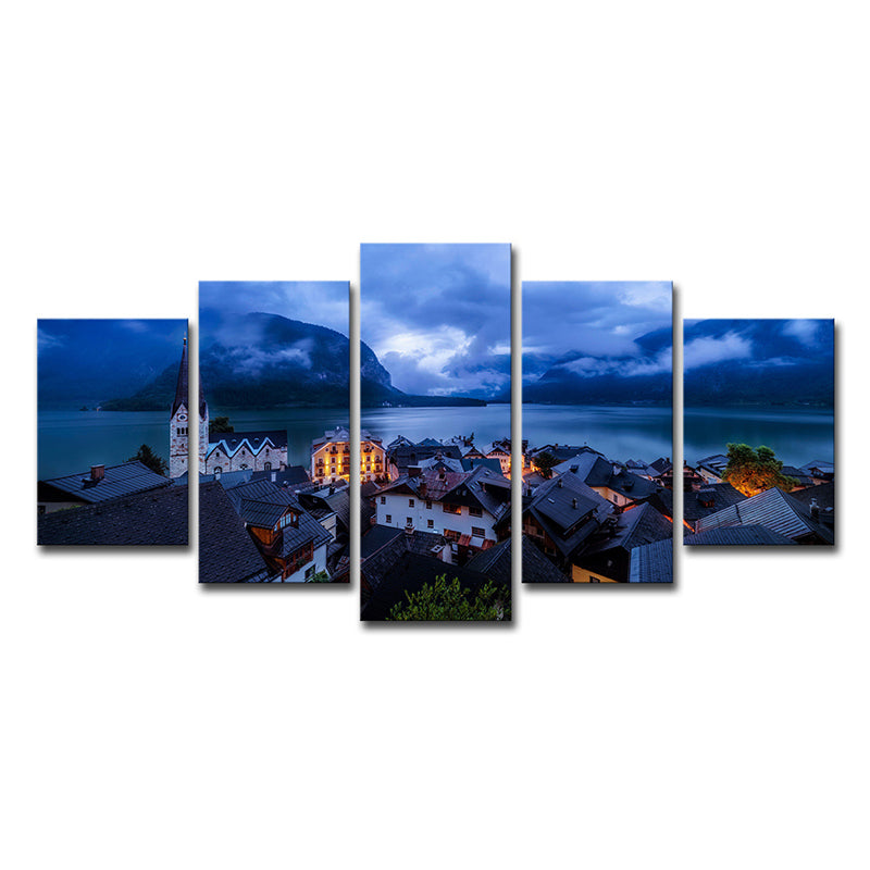 Vivolux | Blauer global inspirierter Leinwanddruck Hallstatt See Stadt Nachtlandschaft Wandkunst Dekor für Zuhause