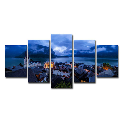Vivolux | Blauer global inspirierter Leinwanddruck Hallstatt See Stadt Nachtlandschaft Wandkunst Dekor für Zuhause