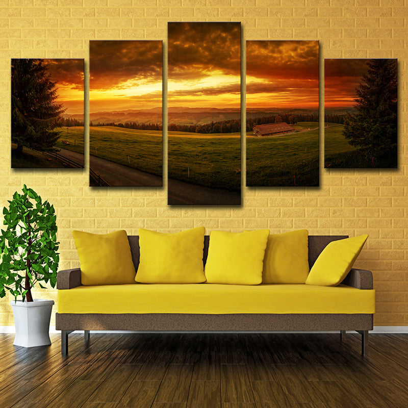 Vivolux | Sundown Farmland Scenery Wanddecoratie Gele Modernistische Canvasdruck für Zithoek