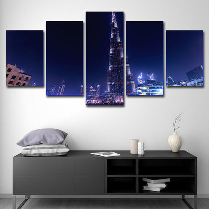 Vivolux | Globaal Geïnspireerde Wanddecoratie Blauwe Dubai Burj Khalifa 's Nachts Canvas Afdruk voor Thuis