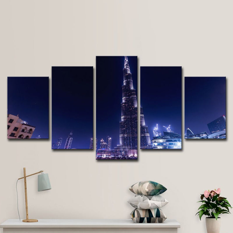 Vivolux | Globaal Geïnspireerde Wanddecoratie Blauwe Dubai Burj Khalifa 's Nachts Canvas Afdruk voor Thuis