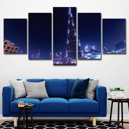 Vivolux | Globaal Geïnspireerde Wanddecoratie Blauwe Dubai Burj Khalifa 's Nachts Canvas Afdruk voor Thuis