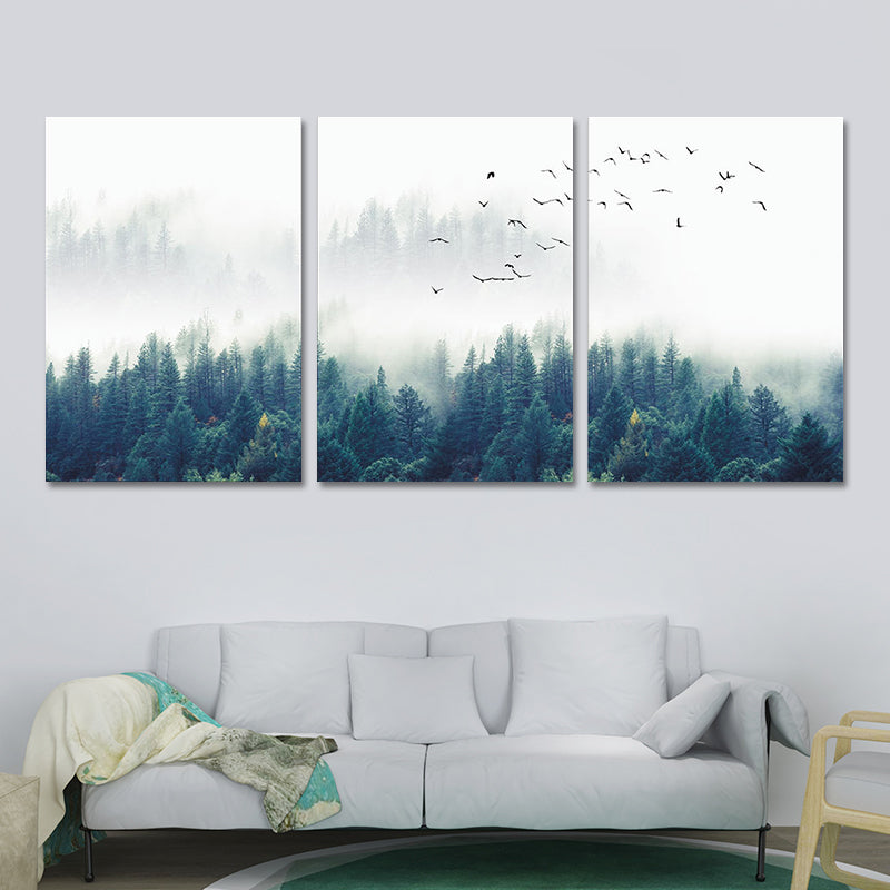 Vivolux | Textured Groene Canvas Print Moderne Vogels Zwijgen Vliegen over Mistige Bos Wanddecoratie Set