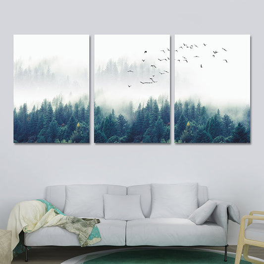 Vivolux | Textured Groene Canvas Print Moderne Vogels Zwijgen Vliegen over Mistige Bos Wanddecoratie Set