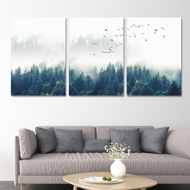 Vivolux | Textured Groene Canvas Print Moderne Vogels Zwijgen Vliegen over Mistige Bos Wanddecoratie Set